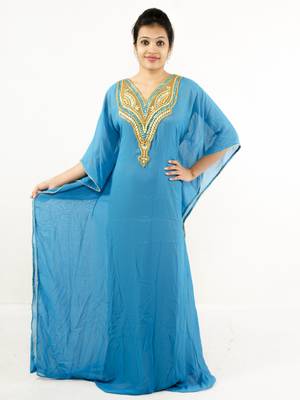 Turquoise  embroidered georgette islamic kaftan 1