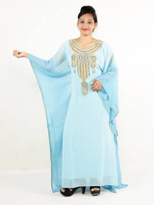 Turquoise  embroidered georgette islamic kaftan 1