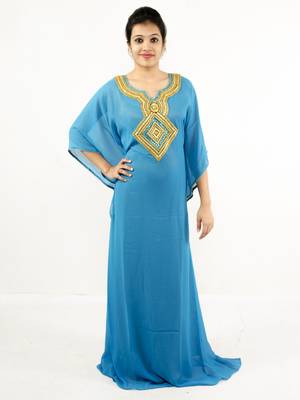 Turquoise  embroidered georgette islamic kaftan 1