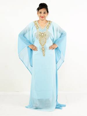 Turquoise  embroidered georgette islamic kaftan 1