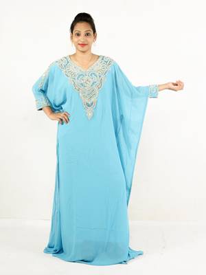 Turquoise  embroidered georgette islamic kaftan 1