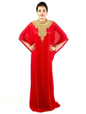 Red embroidered georgette islamic kaftan 1