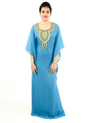 Turquoise  embroidered georgette islamic kaftan 1