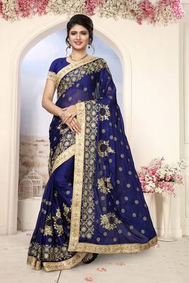Blue Embroidered Silk Saree With Blouse 1