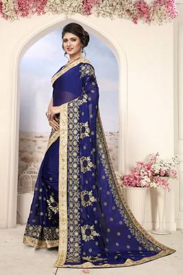 Blue Embroidered Silk Saree With Blouse 3