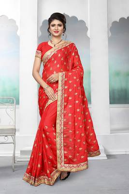 Red embroidered silk saree with blouse 1