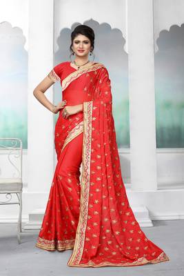 Red embroidered silk saree with blouse 2