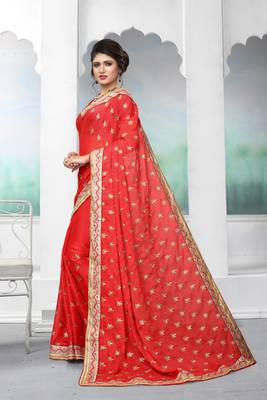 Red embroidered silk saree with blouse 3