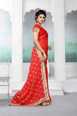 Red embroidered silk saree with blouse 4
