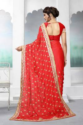 Red embroidered silk saree with blouse 5