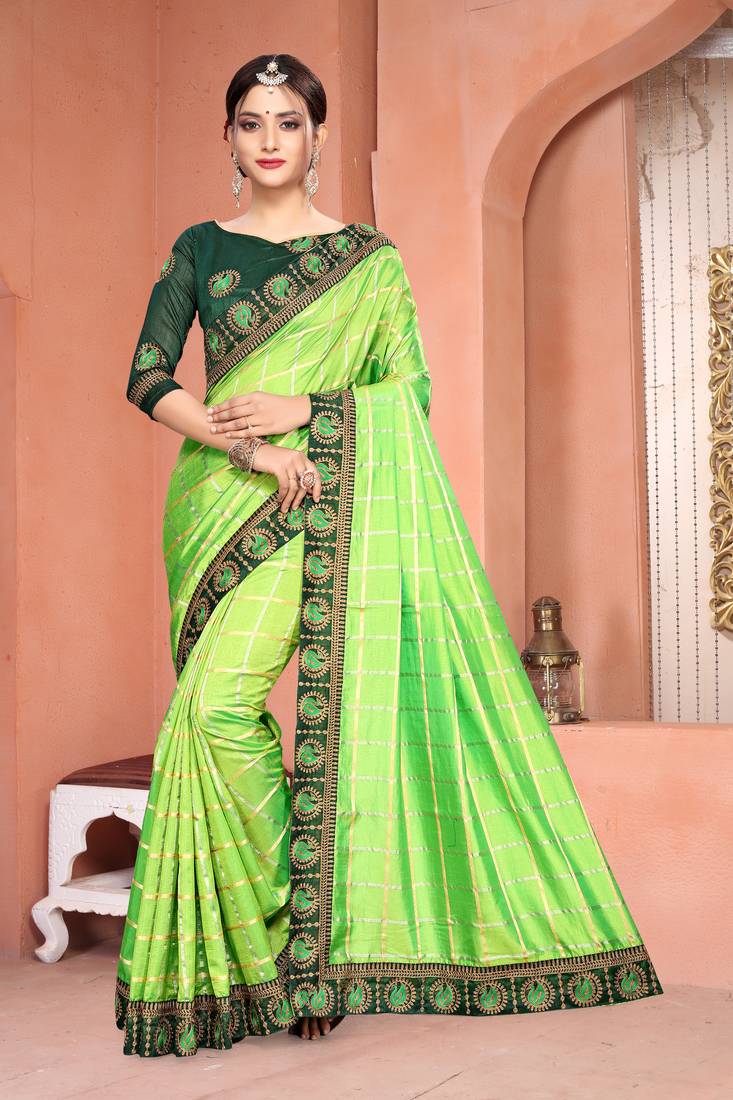 Light green embroidered silk saree with blouse ISHA TRADE 2848103