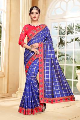 Blue embroidered silk saree with blouse 1