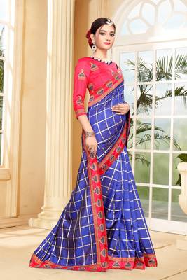 Blue embroidered silk saree with blouse 3