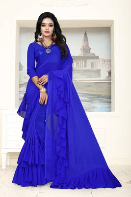 Blue Plain Georgette Saree With Blouse 1