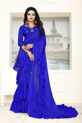 Blue Plain Georgette Saree With Blouse 2