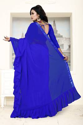 Blue Plain Georgette Saree With Blouse 4