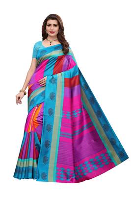 Turquoise printed art silk saree with blouse 1