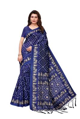 Blue printed art silk saree with blouse 5