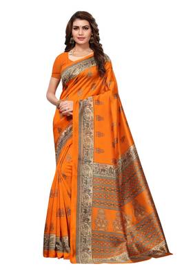 Mustard printed art silk saree with blouse 1