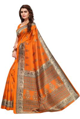 Mustard printed art silk saree with blouse 2
