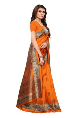 Mustard printed art silk saree with blouse 3