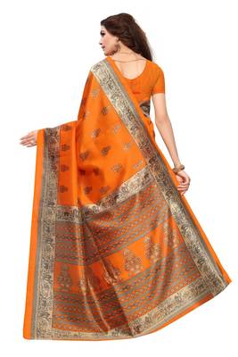 Mustard printed art silk saree with blouse 4