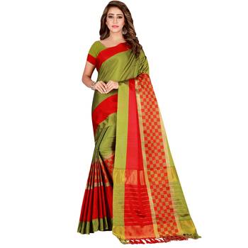 Mehendi woven cotton silk saree with blouse 1