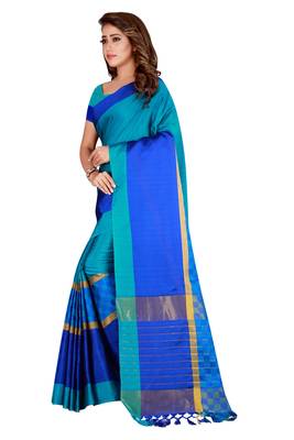 Blue woven cotton silk saree with blouse 3
