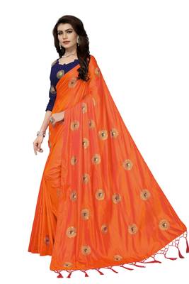 Orange embroidered art silk saree with blouse 3