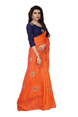 Orange embroidered art silk saree with blouse 4