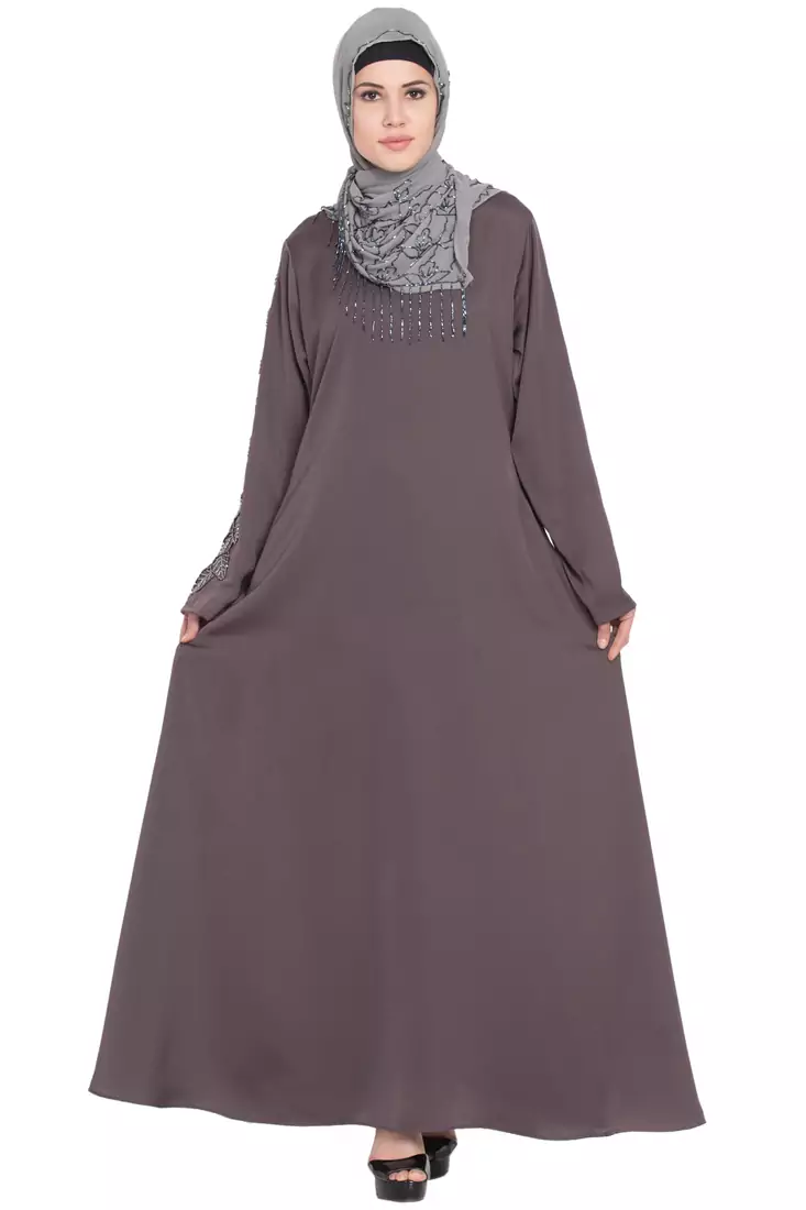 Brown Embroidered Nida Abaya