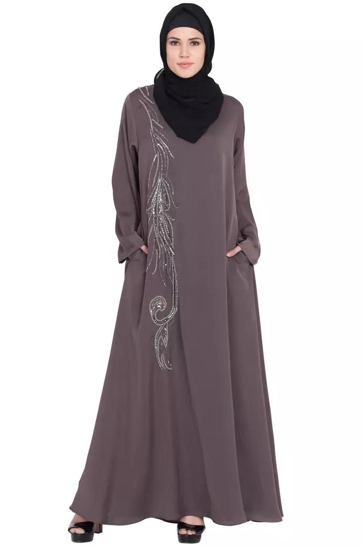 Brown Embroidered Nida Abaya