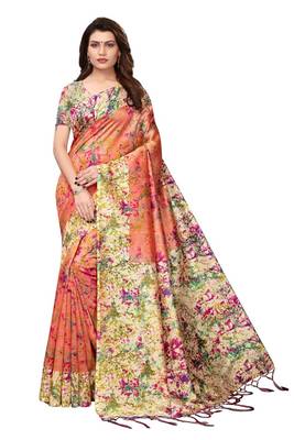 Peach printed art silk saree with blouse 1