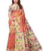 Peach printed art silk saree with blouse