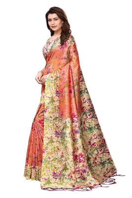 Peach printed art silk saree with blouse 2