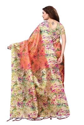 Peach printed art silk saree with blouse 4