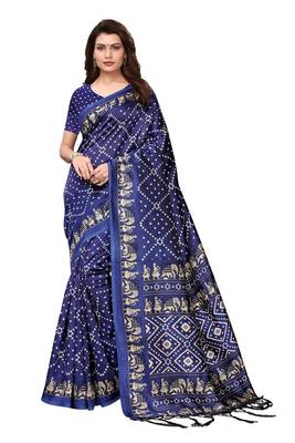Blue printed art silk saree with blouse 1
