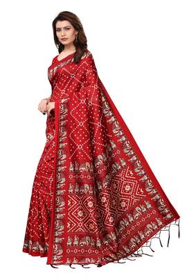 Red printed art silk saree with blouse 2