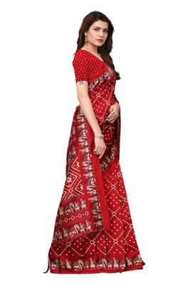 Red printed art silk saree with blouse 3