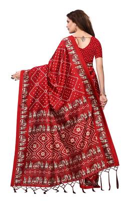 Red printed art silk saree with blouse 4