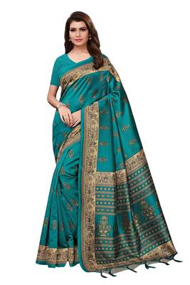 Green printed art silk saree with blouse 1