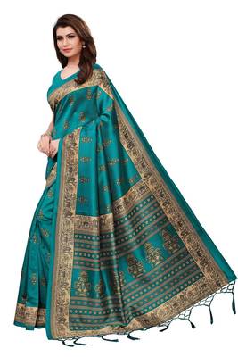 Green printed art silk saree with blouse 2