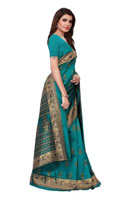 Green printed art silk saree with blouse 3