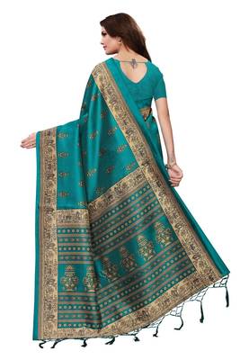 Green printed art silk saree with blouse 4