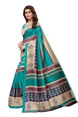 Blue printed art silk saree with blouse 2