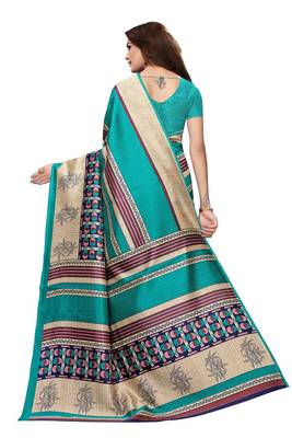 Blue printed art silk saree with blouse 4