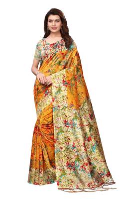 Orange printed art silk saree with blouse 1