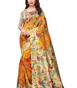 Orange printed art silk saree with blouse