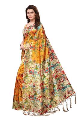 Orange printed art silk saree with blouse 2