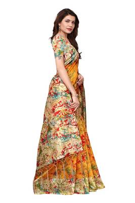 Orange printed art silk saree with blouse 3